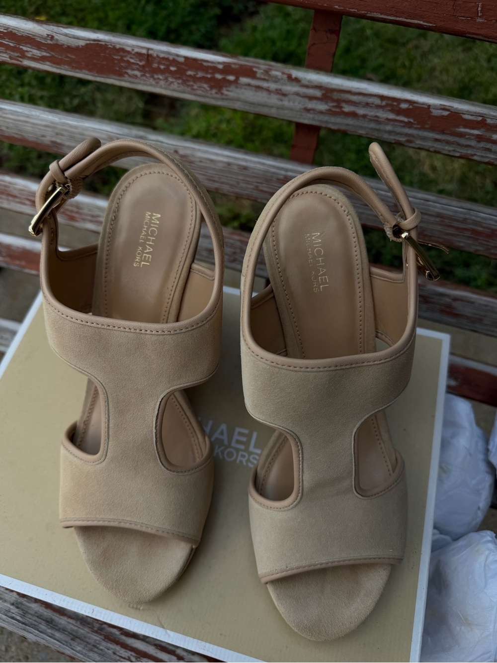 MICHAEL Michael Kors Nude Beige Suede Cutout Slingback Heels